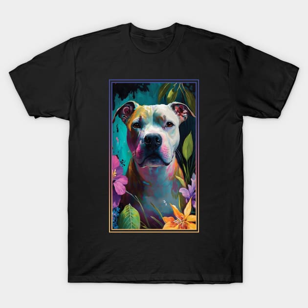 American Staffordshire Terrier Pitbull Vibrant Tropical Flower Tall Digital Oil Painting Portrait  5 T-Shirt by ArtHouseFlunky